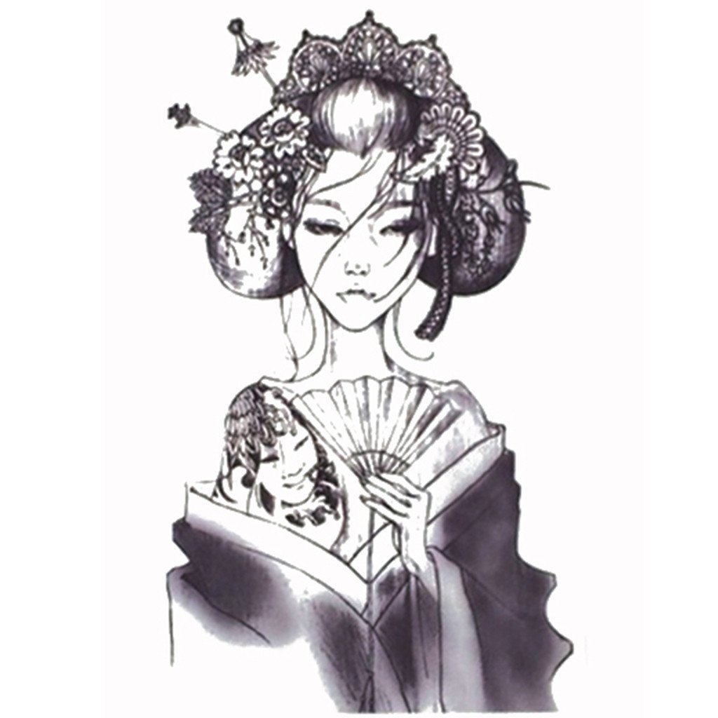 1024x1024 Temporary Tattoo Asian Japanese Girl - Geisha Girl Sketch