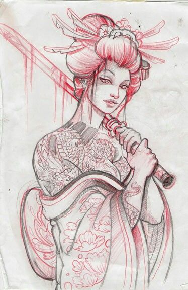 374x576 Beautiful Geisha Girl Ink Blotted Tattoos, Tattoo - Geisha Girl Sketch