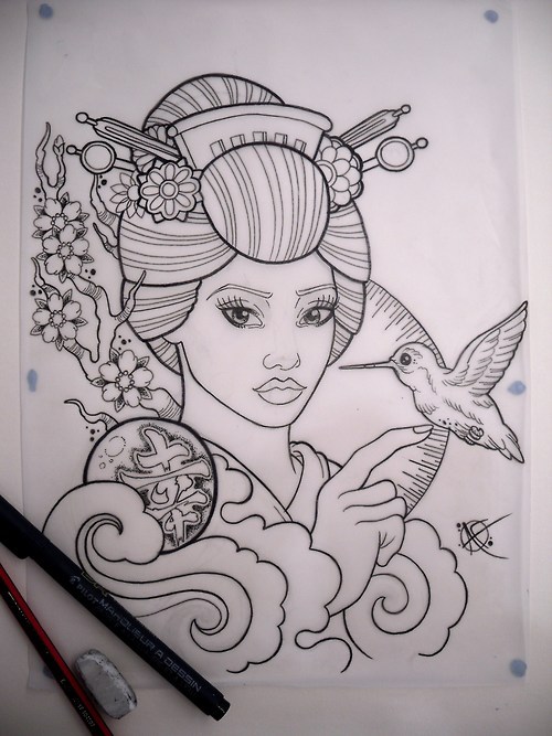 500x667 Geisha Tattoo Sketch Uploaded By Akira On We Heart It - Geisha Sketch