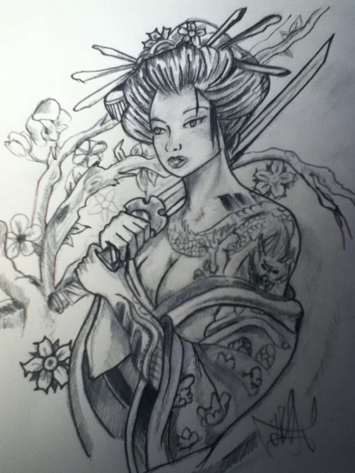 1200x1600 Drawn Geisha Samurai Half Mask - Geisha Tattoo Sketch