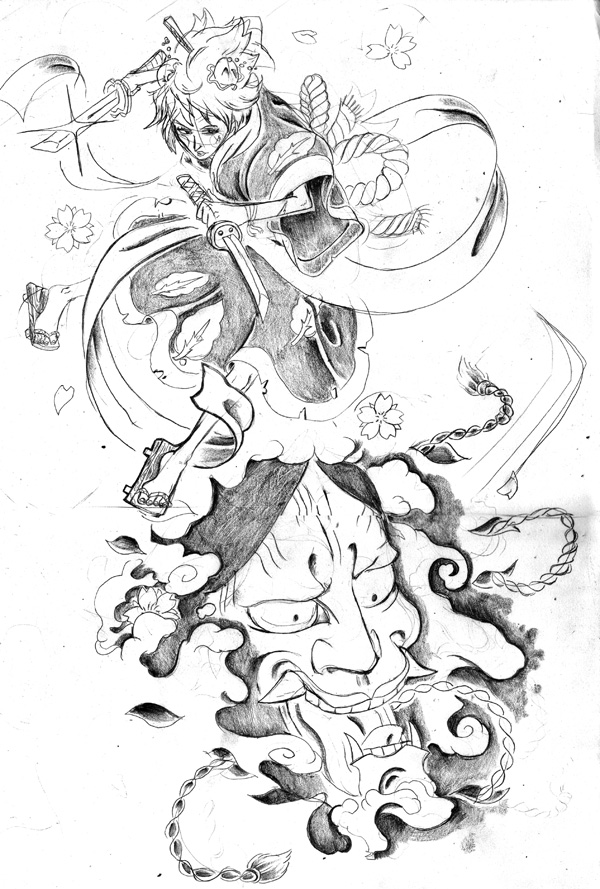 600x889 Geisha And Hannya Mask Tattoo Sketch - Geisha Tattoo Sketch