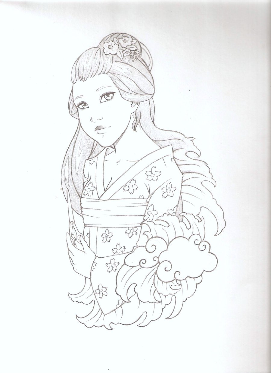900x1238 Geisha Sketch Tattoo Design - Geisha Tattoo Sketch