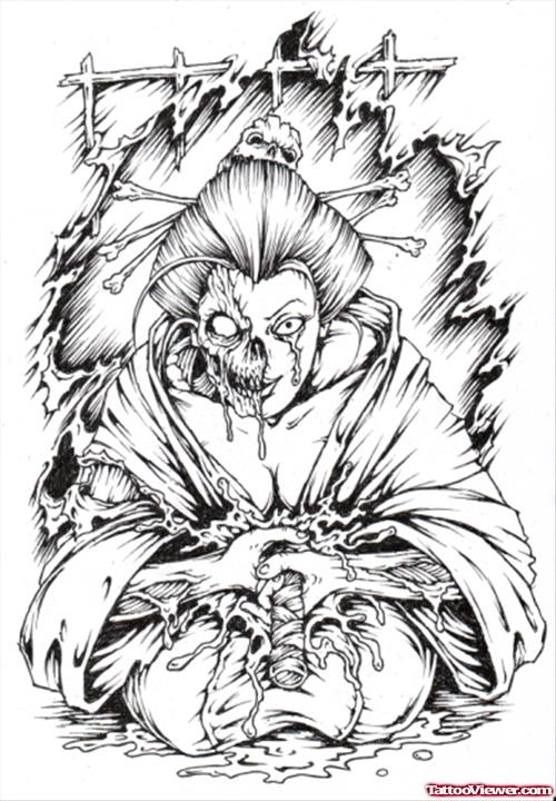 500x720 Grey Ink Zombie Geisha Tattoo Design Tattoo - Geisha Tattoo Sketch