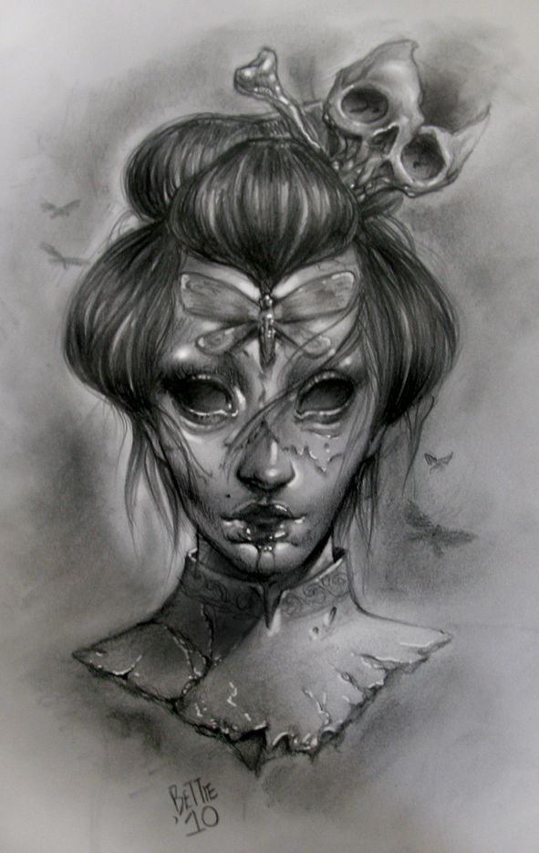591x935 Ghost Geisha By Bhbettie Skulls - Geisha Tattoo Sketch