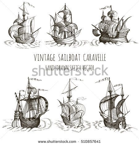 450x470 Old Caravel, Vintage Sailboat. Hand Drawn Vector Sketch. Detail Of - Geographical Sketch