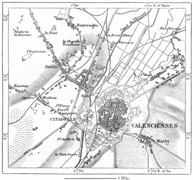 643x600 France. Valenciennes Sketch Map C1885 Old Antique Vintage Plan Chart - Geographical Sketch