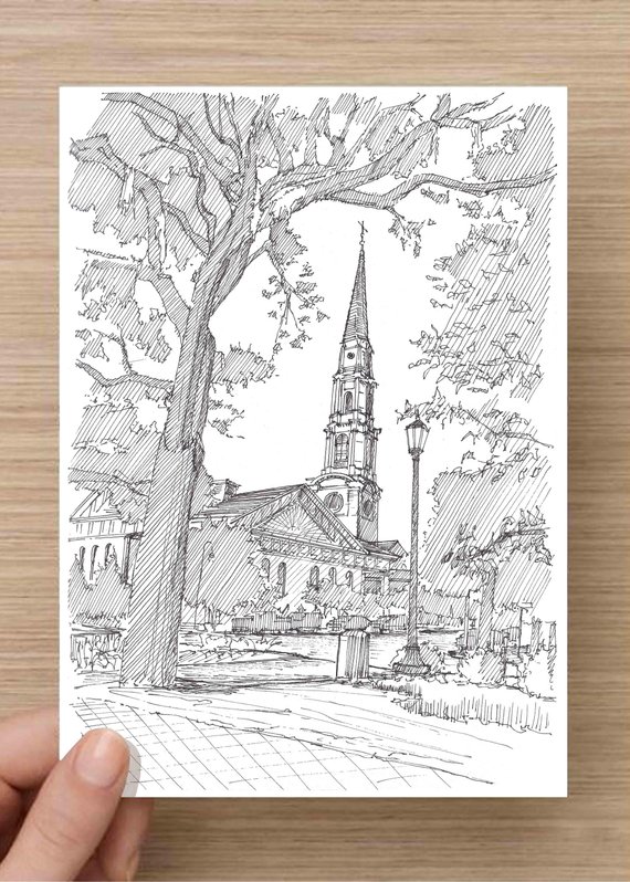 570x798 Ink Drawing Of Church Near Chippewa Square Savannah Georgia Etsy - Georgia Sketch