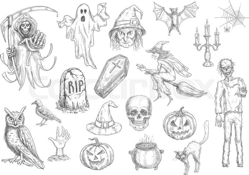 800x562 Halloween Holiday Creepy And Horror Sketch Symbols Of Pumpkin - Ghost Sketch