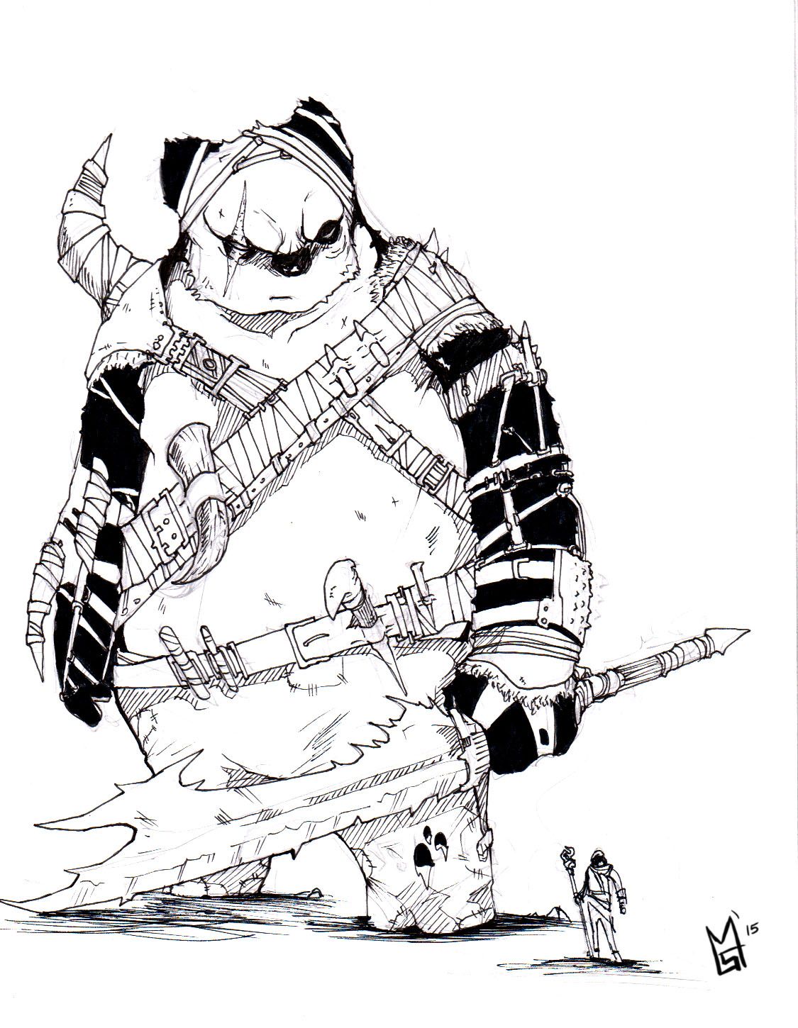 1125x1450 Giant Panda Warrior Sketch Drawing Ink Art Fantasy Pencil Paper - Giant Panda Sketch