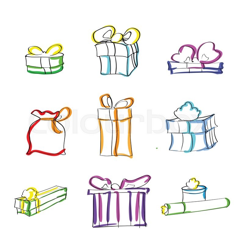 800x800 Gift Box Present Sketch Hand Draw Thin Line Colorul Icon Set - Gift Box Sketch