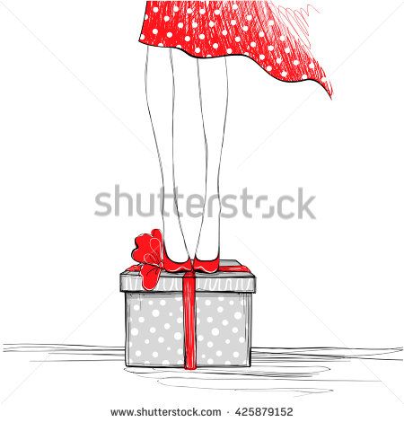 450x470 Girl With Gift Box. Happy Birthday Card. Sketch Vector - Gift Box Sketch
