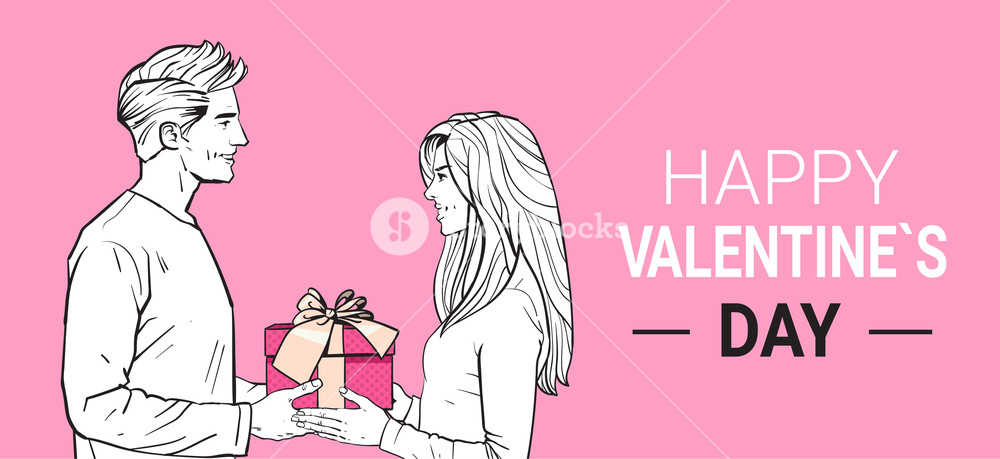 1000x459 Happy Valentines Day Poster Sketch Man Give Gift Box To Woman - Gift Box Sketch