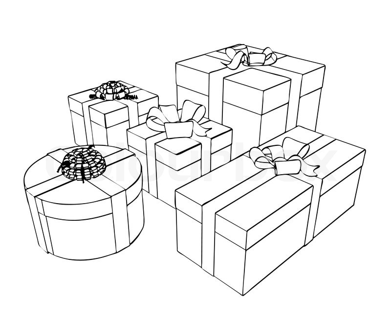 800x664 Sketches Of Holiday Gift Boxes Decorated With Ribbon Isolated On - Gift Box Sketch