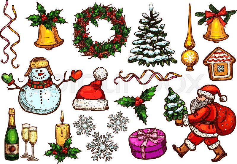 799x553 Christmas Day Holiday Sketch Set Of Santa With Xmas Tree, Gift Box - Gingerbread House Sketch