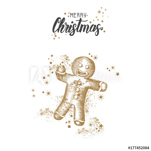 500x500 Christmas Card With Hand Drawn Doodle Golden Christmas Gingerbread - Gingerbread Man Sketch