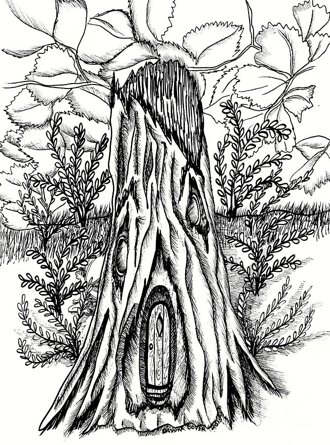 669x900 Rotten Stump Fairy Doors And Gingko Leaves Drawing By Dawn Boyer - Ginkgo Leaf Sketch