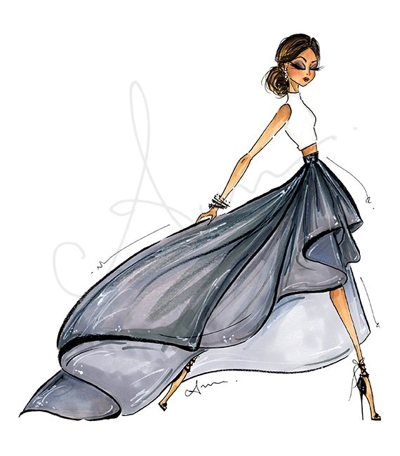 570x650 Fashion Illustration Print, Gray Ballskirt Art - Girl Fashion Sketch