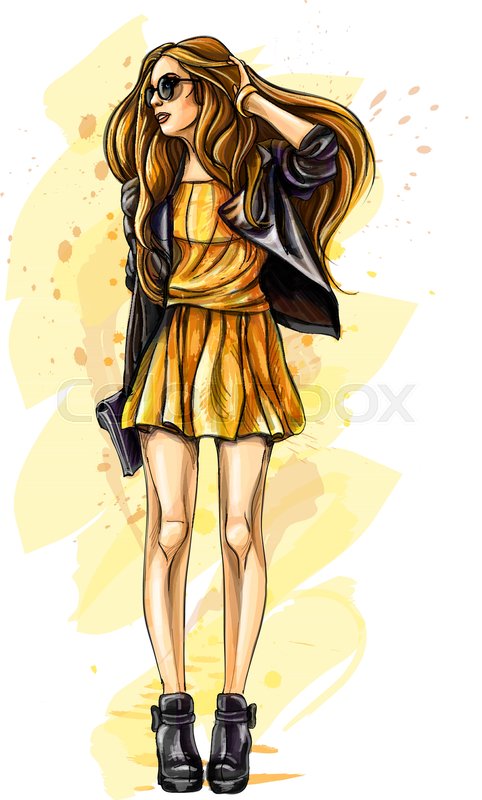 482x800 Beautiful Young Woman With Bag. Hand Drawn Fashion Girl. Fashion - Girl Fashion Sketch