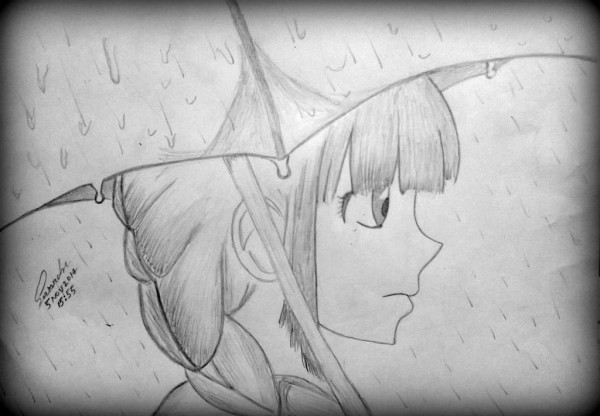 600x416 Pencil Sketch Of Sad Girl In Rain - Girl In Rain Sketch