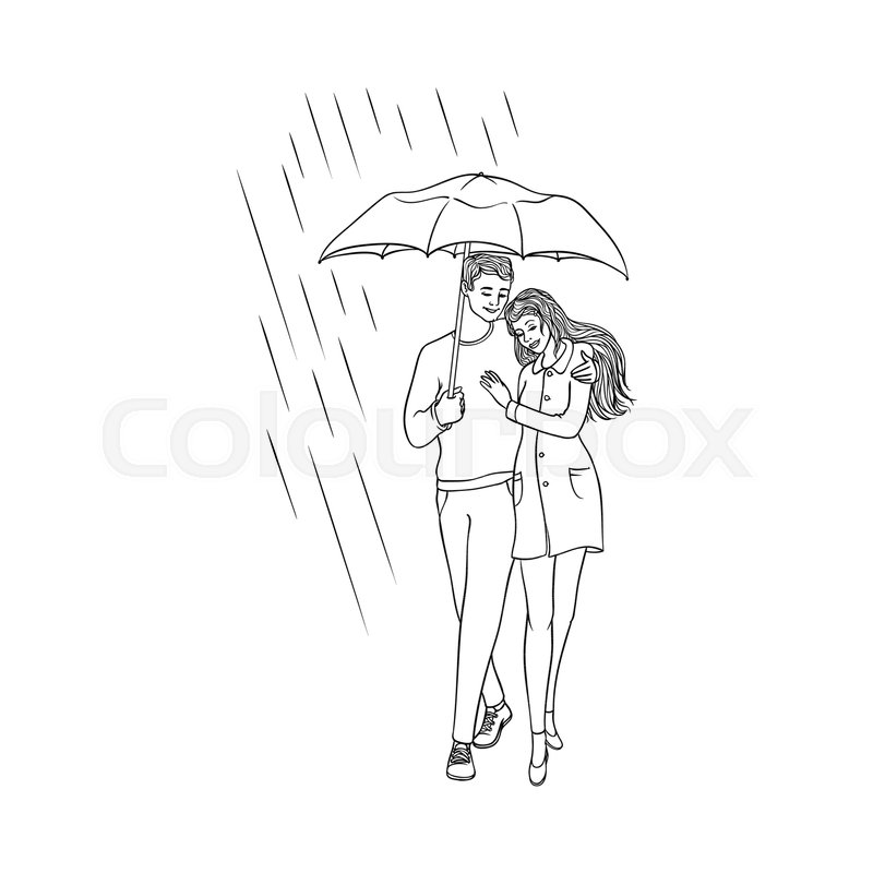 800x800 Vector Sketch Cartoon Young Couple Woman, Cute Girl Coat Man - Girl In Rain Sketch