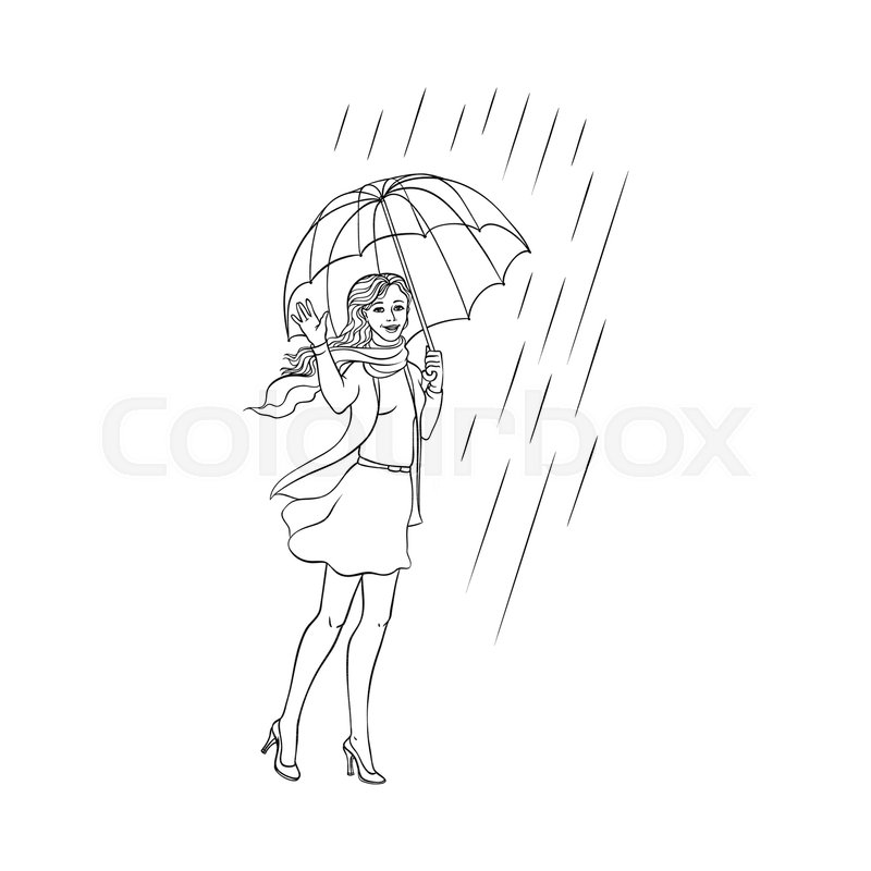800x800 Vector Sketch Cartoon Young Woman, Monochrome Cute Girl In Dress - Girl In Rain Sketch