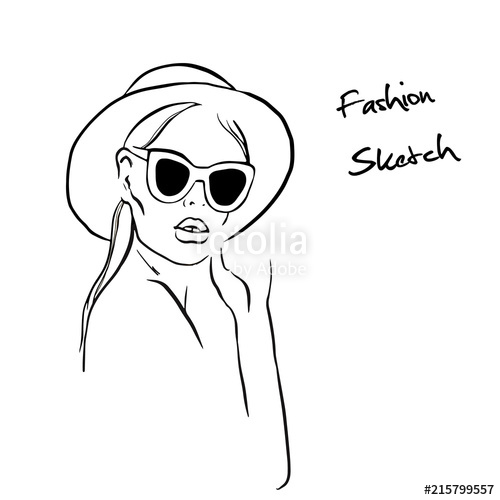 500x500 Fashion Sketch Woman With Hat And Sunglasses. Hand Drawn Beautiful - Girl Model Sketch