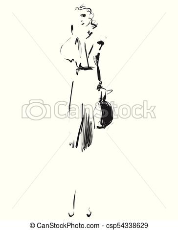 364x470 Fashion Model. Sketch. Vector Illustration. Girl In The Dress. - Girl Model Sketch