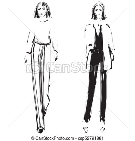 450x470 Fashion Models Sketch. Cartoon Girl. Black And White Clothes. - Girl Model Sketch