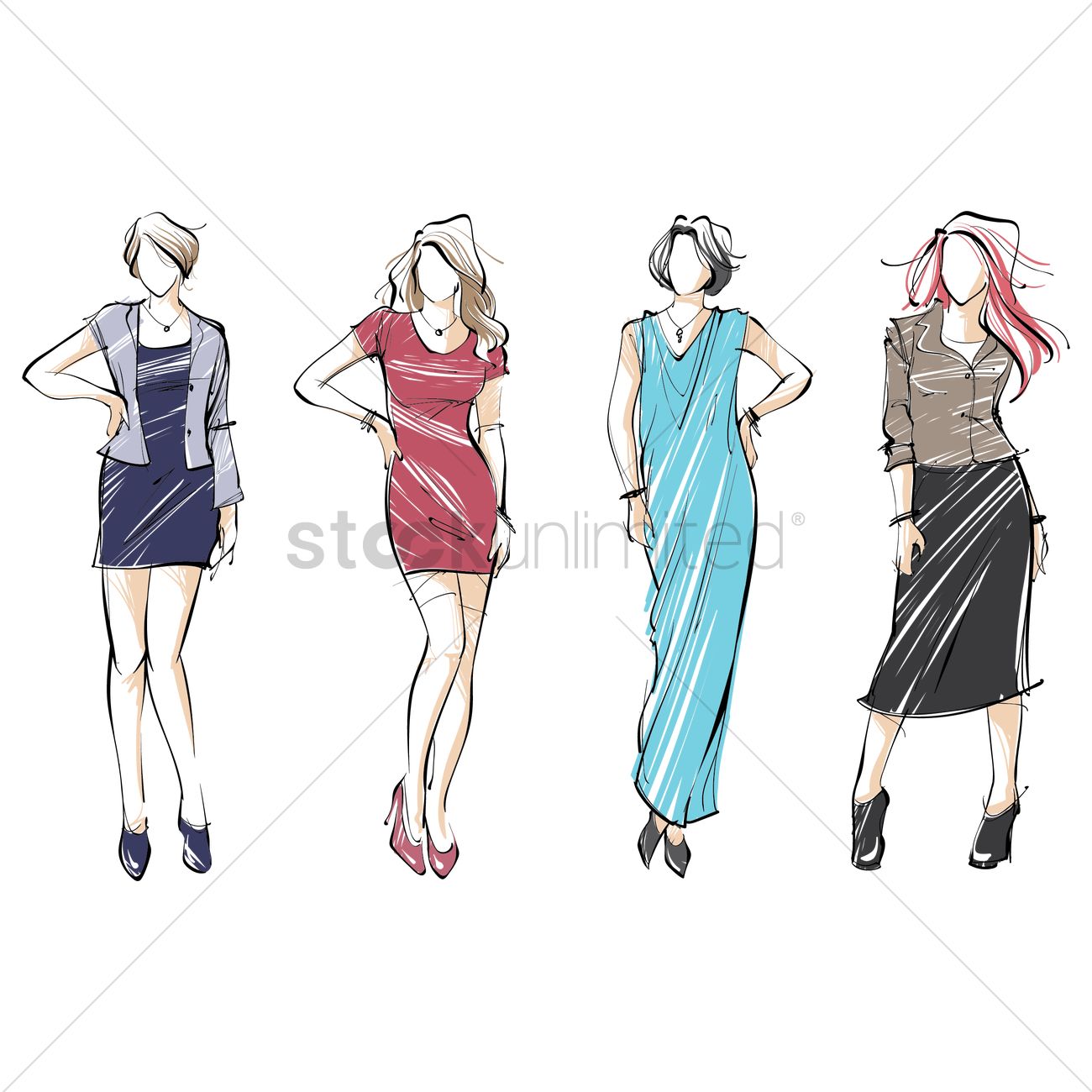 1300x1300 Collection Of Fashion Model Sketches Vector Image - Girl Model Sketch