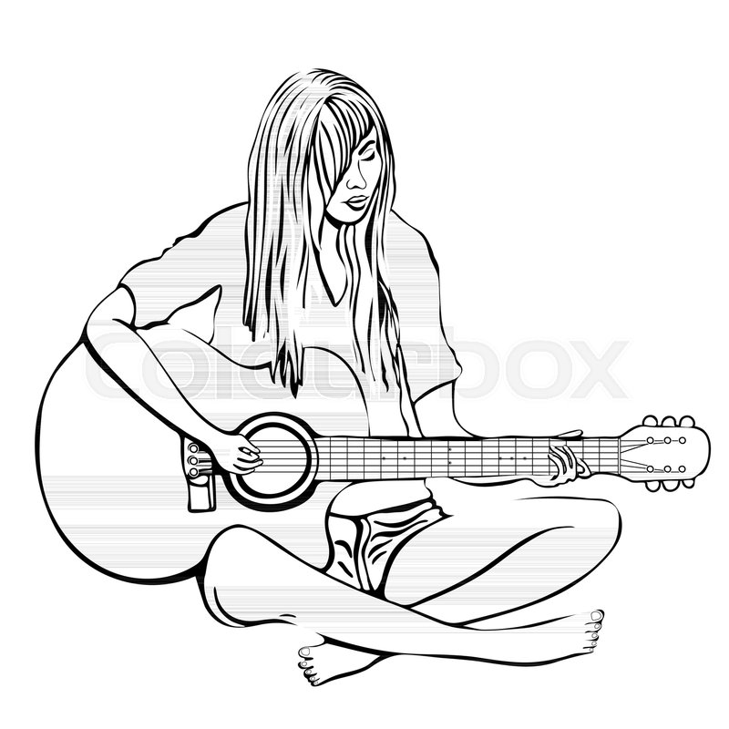800x800 Girl With Guitar Outline Hand Drawing, Coloring, Vector Black And - Girl Playing Guitar Sketch