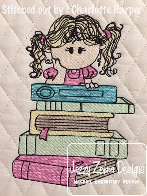 480x640 Girl With Stack Of Books Sketch Embroidery Design - Girl Reading A Book Sketch