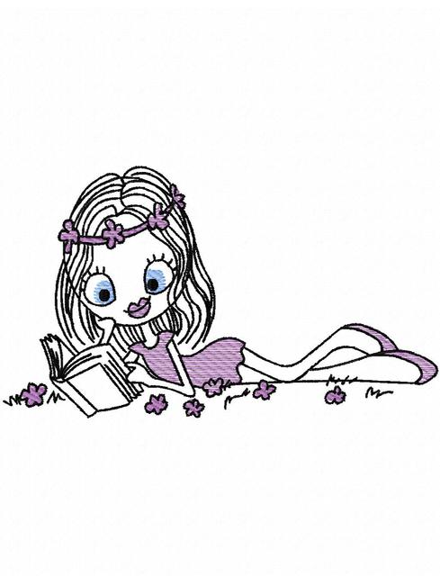 489x640 Swirly Girl Reading 4 Sketch Embroidery Design - Girl Reading A Book Sketch