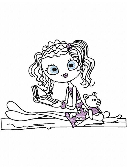 489x640 Swirly Girl Reading 1 Sketch Embroidery Design - Girl Reading A Book Sketch