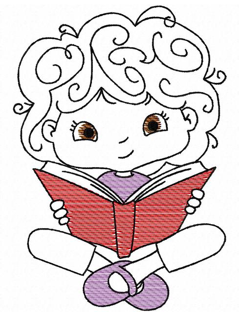 489x640 Girl Reading Sketch Embroidery Design - Girl Reading Book Sketch