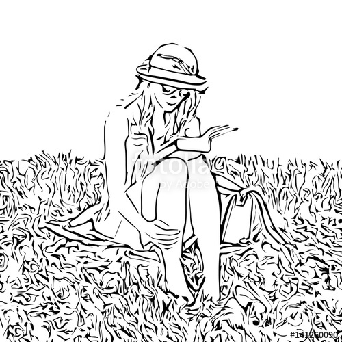 500x500 Girl Sitting In Grass And Reading A Book, Vector Sketch - Girl Reading Book Sketch