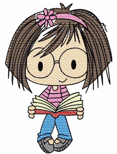 489x640 Girl Wearing Glasses With Book Sketch Embroidery Design - Girl Reading Book Sketch