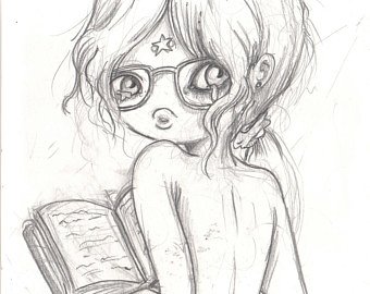 340x270 Reading Sketch Etsy - Girl Reading Book Sketch