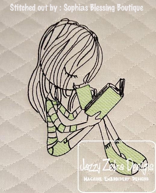 518x640 Swirly Girl Reading 5 Sketch Embroidery Design - Girl Reading Book Sketch