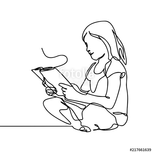 500x500 A Girl Reading A Book One Continuous Line Art Drawing Style. A Kid - Girl Reading Book Sketch