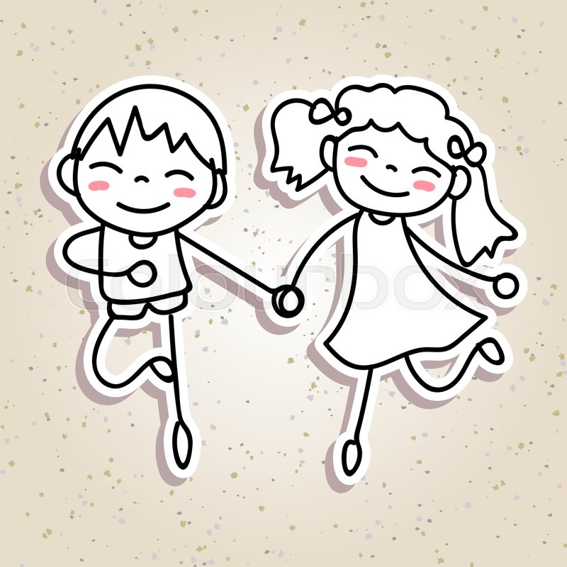 800x800 Hand Drawing Cartoon Concept Happiness, Happy Kids Boy And Girl - Girl Sketch For Kids