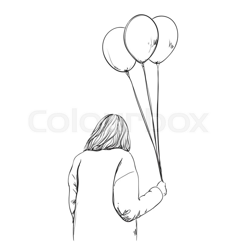 800x800 Sketching Hand Drawn Illustration Of A Girl Standing With Balloon - Girl Standing Sketch