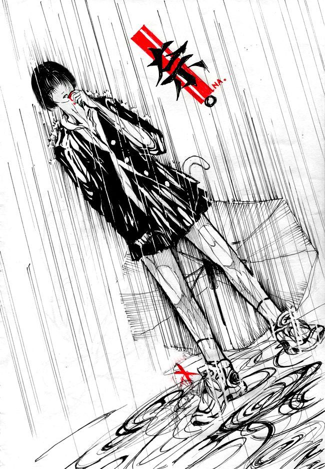 650x937 Girl Standing In Rain Drawing - Girl Standing Sketch