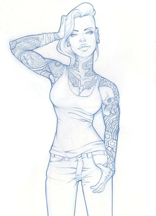 600x830 Girl With Skull Tattoo By Negritoo, Via Behance Draw Amp Paint - Girl Tattoo Sketches