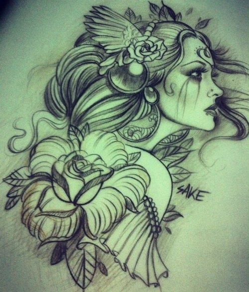 500x586 Tattoo Drawing! Girl Roses Headdress Tats - Girl Tattoo Sketches