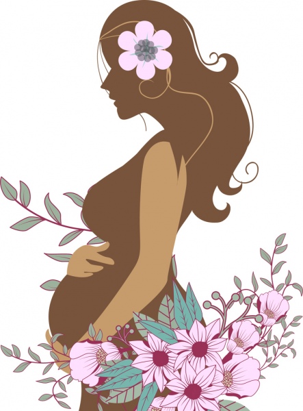 443x600 Pregnant Woman And Flowers Sketch Colored Silhouette Style Free - Girl With Flower Sketch