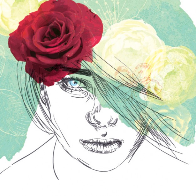 626x626 Woman Sketch With Flower Vector Free Download - Girl With Flower Sketch