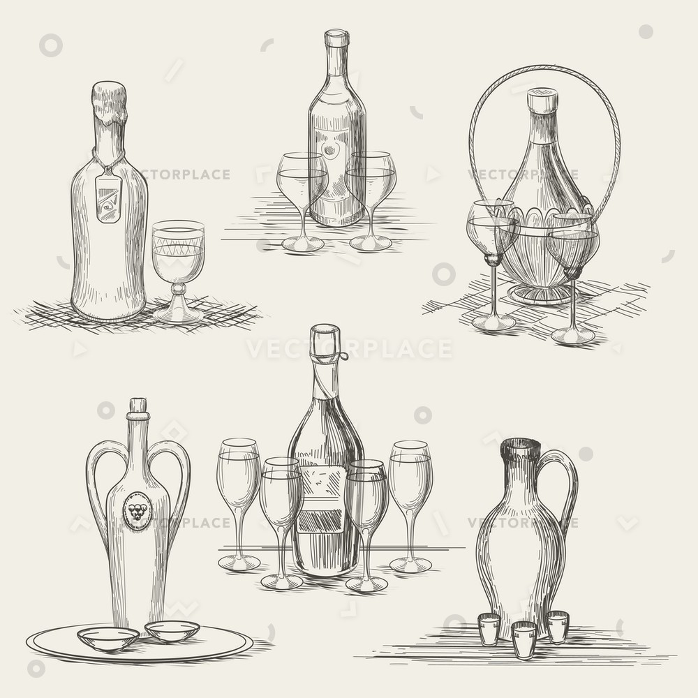 1000x1000 Wine Bottles Glasses Hand Drawn Glass Vector Illustration 19928 - Glass Bottle Sketch