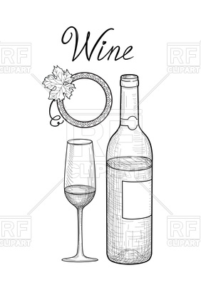 282x400 Wine Glass, Bottle, Grape Branch, Lettering Sketch Style Vector - Glass Bottle Sketch