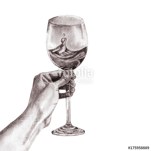 500x500 Hand Drawn Pencil Sketch. A Human Hand Holding A Glass Of Wine - Glass Pencil Sketch
