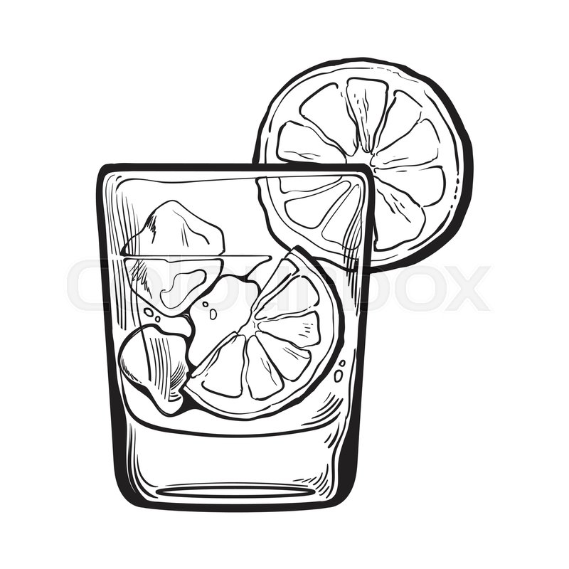 800x800 Glass Of Gin, Vodka, Soda Water With Ice And Lime, Sketch Style - Glass Sketch